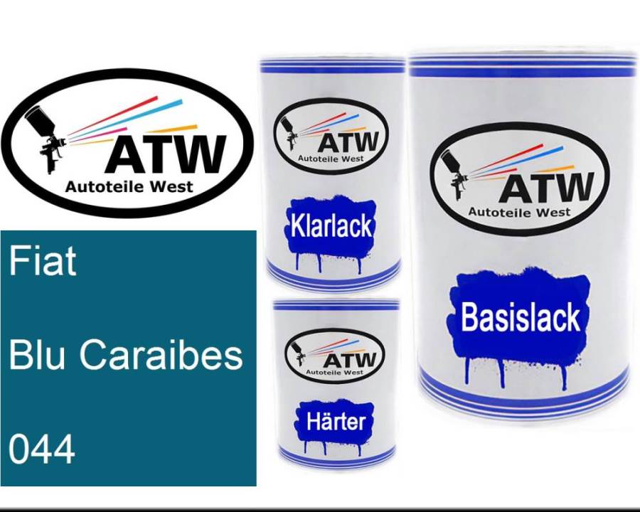 Fiat, Blu Caraibes, 044: 500ml Lackdose + 500ml Klarlack + 250ml Härter - Set, von ATW Autoteile West.